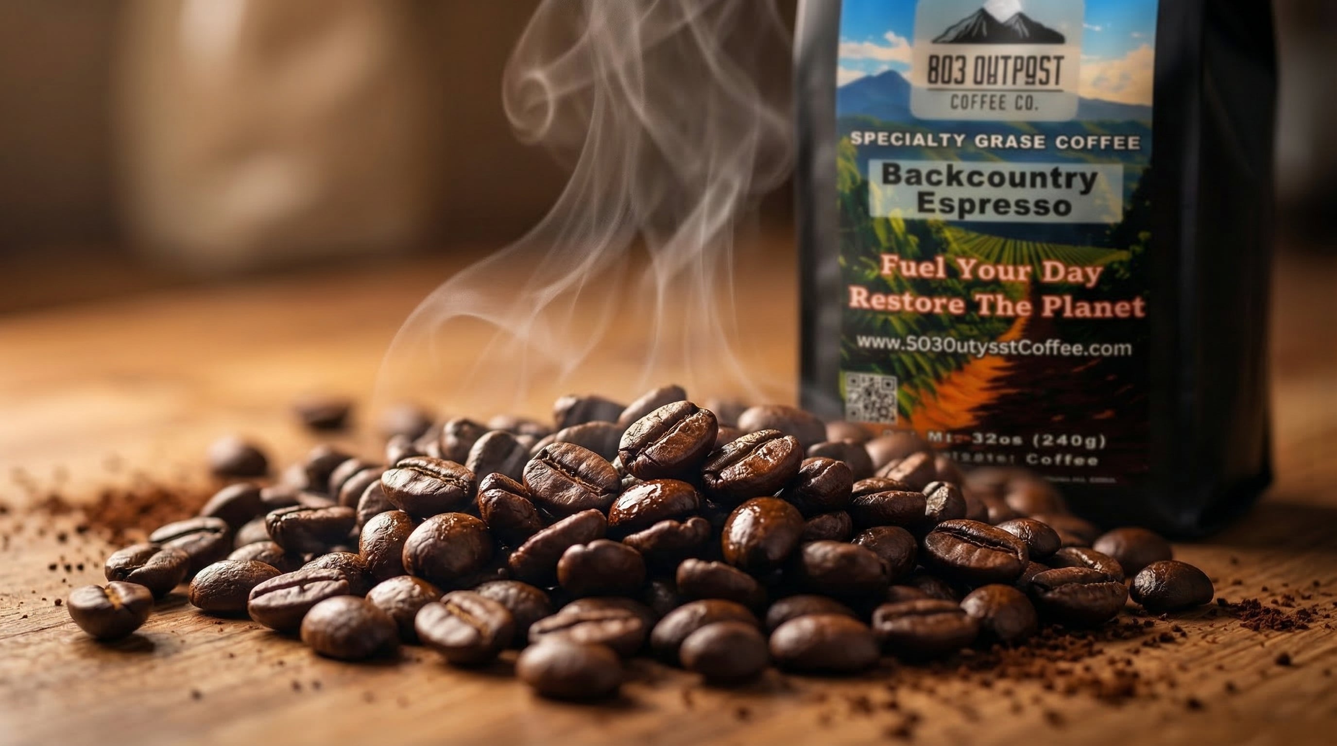 Close‑up of freshly roasted coffee beans with visible oils and steam