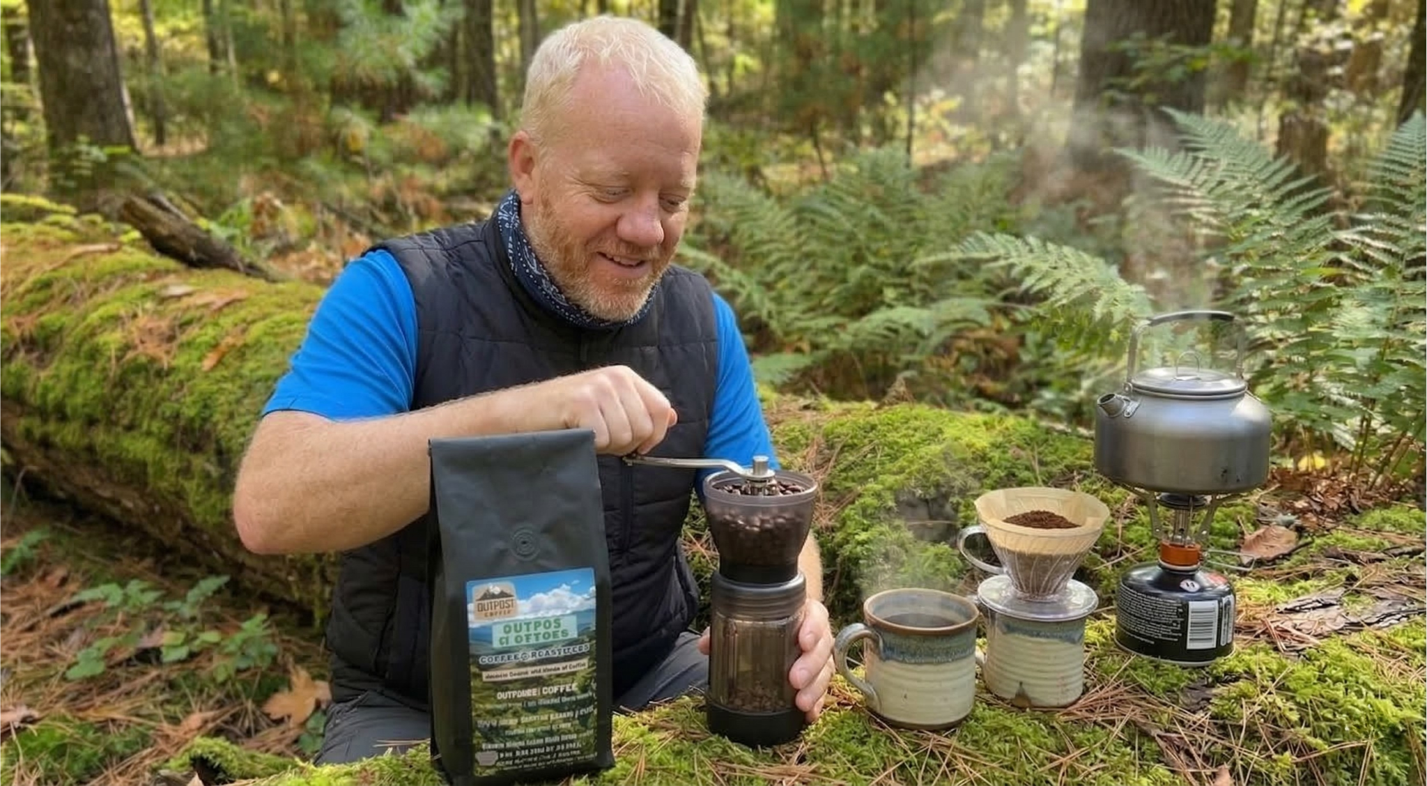 Person sitting on a mossy log grinding whole coffee beans beside a bag of 803 Outpost Coffee, with a steaming kettle and pour‑over setup in a forest