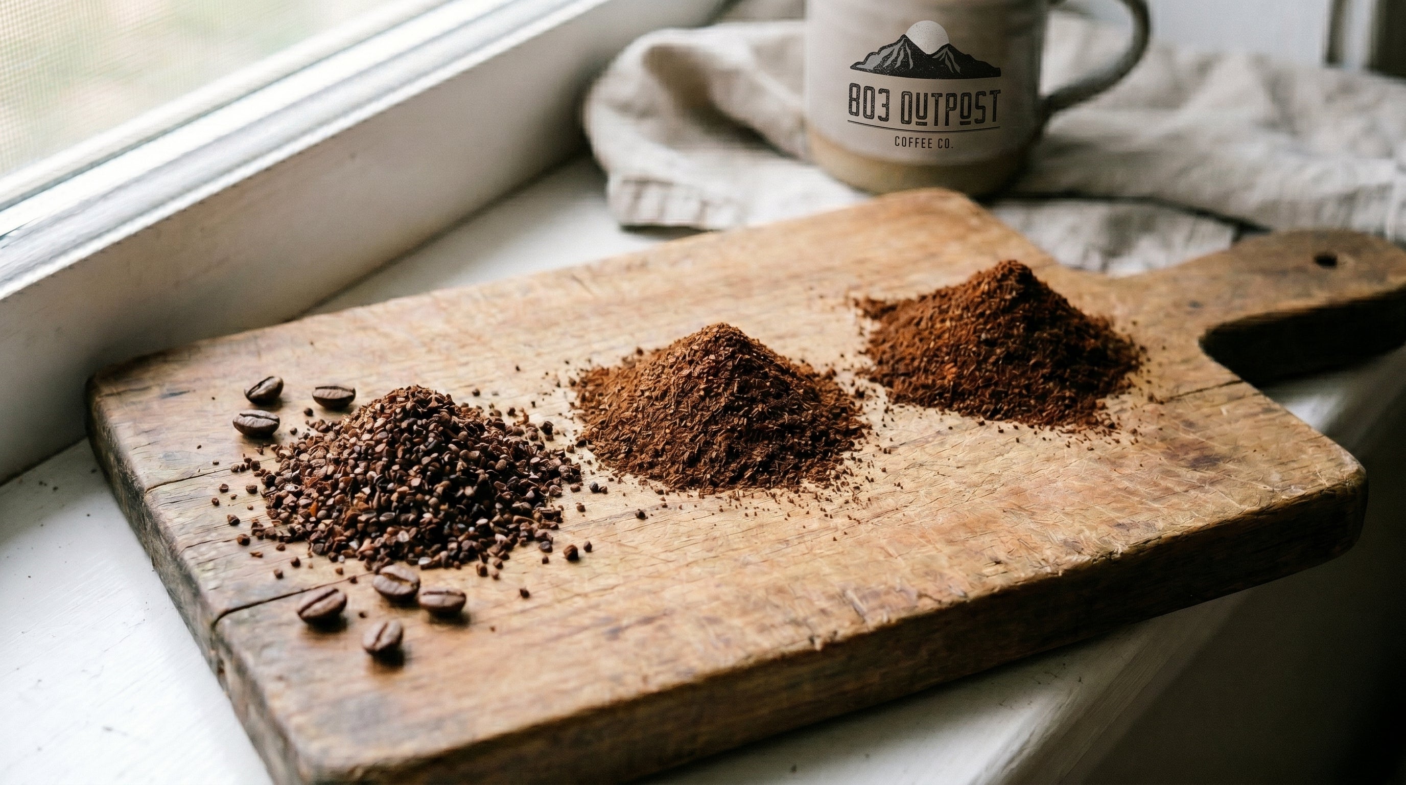 A close-up showing three different coffee grind sizes—coarse, medium, and fine—arranged side by side to help home brewers choose the right extraction for 803 Outpost Coffee.