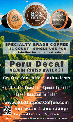 Peru Decaf (Swiss Water® Process) - Medium Roast -12 Single Use Coffee Pods